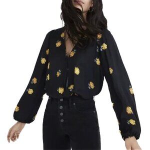 Madewell Bubble-Sleeve‎ Wrap Top in Black with Foating Yellow Florets Size S